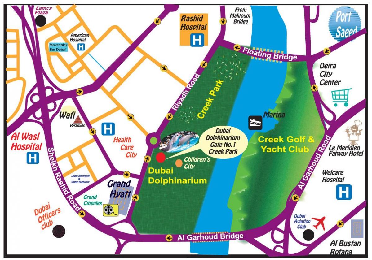 Шоуто на делфините Дубай местоположението на картата